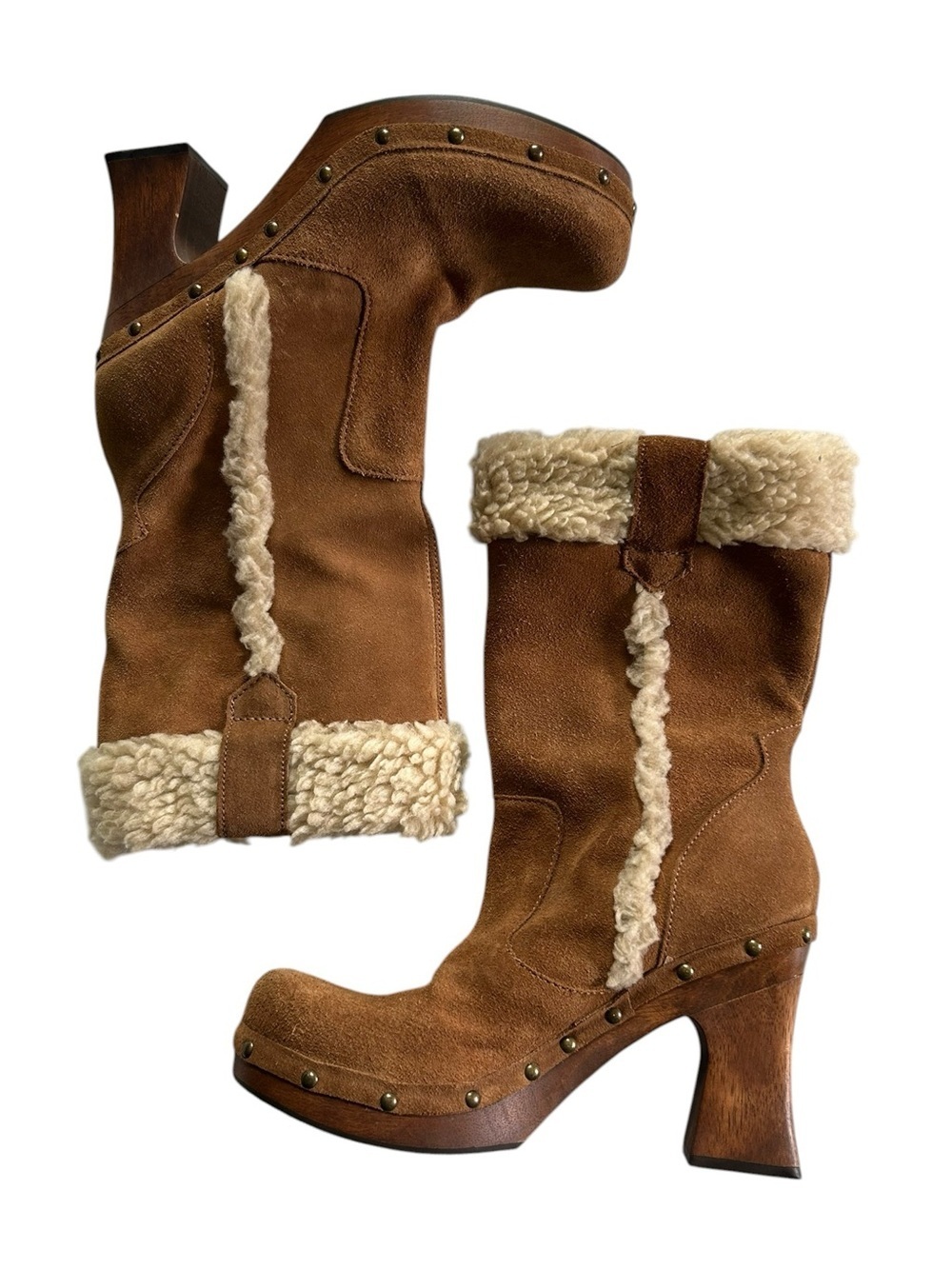 Mia Y2K Boots Stud Tan Suede Chunky Wood Clog Heel Size 9 Vintage 70s Boho